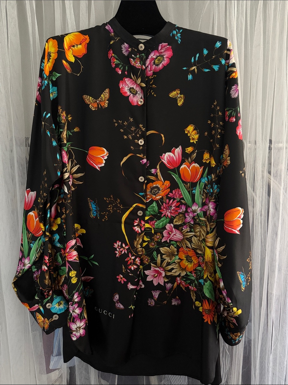 Gucci, Silk Black Floral and Multicolor Butterfly Button-Down Blouse, Size 40 IT